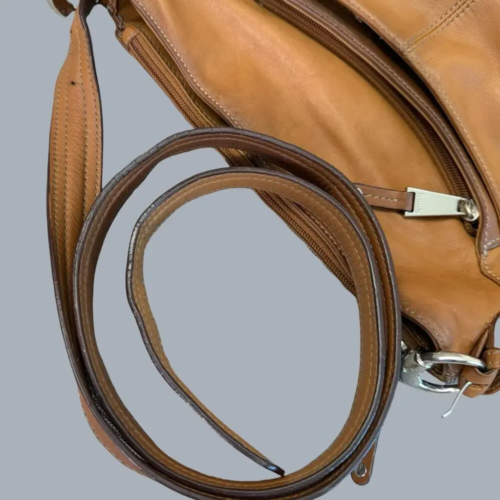 Tignanello Leather Crossbody Shoulder Bag Hobo Slouchy Tan Brown Multi Pockets